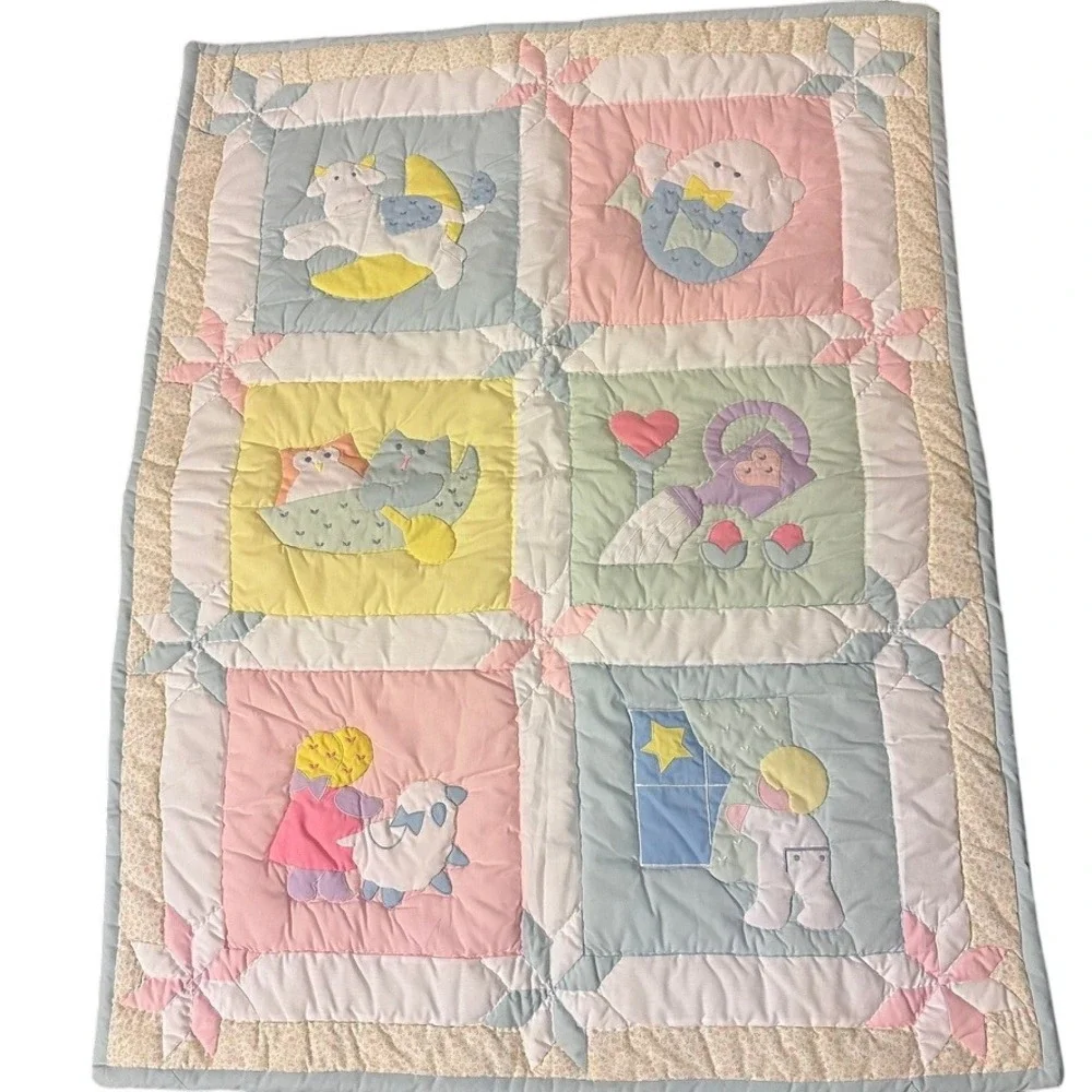House of Hatten Baby Quilt 48x36 Pastel Vintage Nursery Applique Bedding